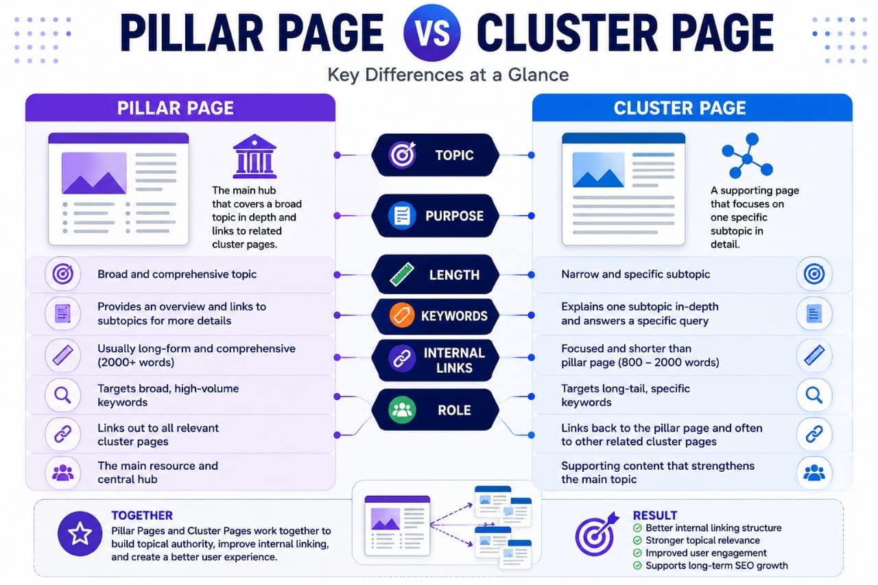 Pillar page vs cluster page difference in topics