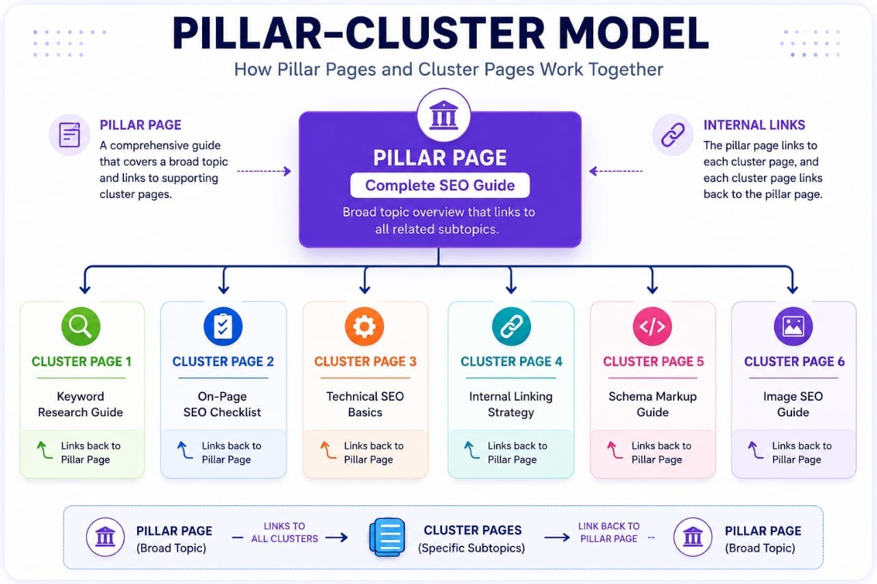 Pillar page connected to six pages through internal links