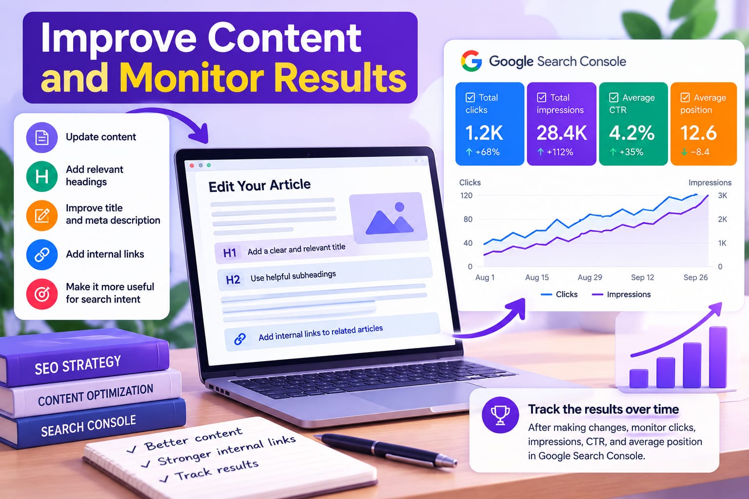 Improving website content adding links and monitoring clicks impression ctr and averages in search console