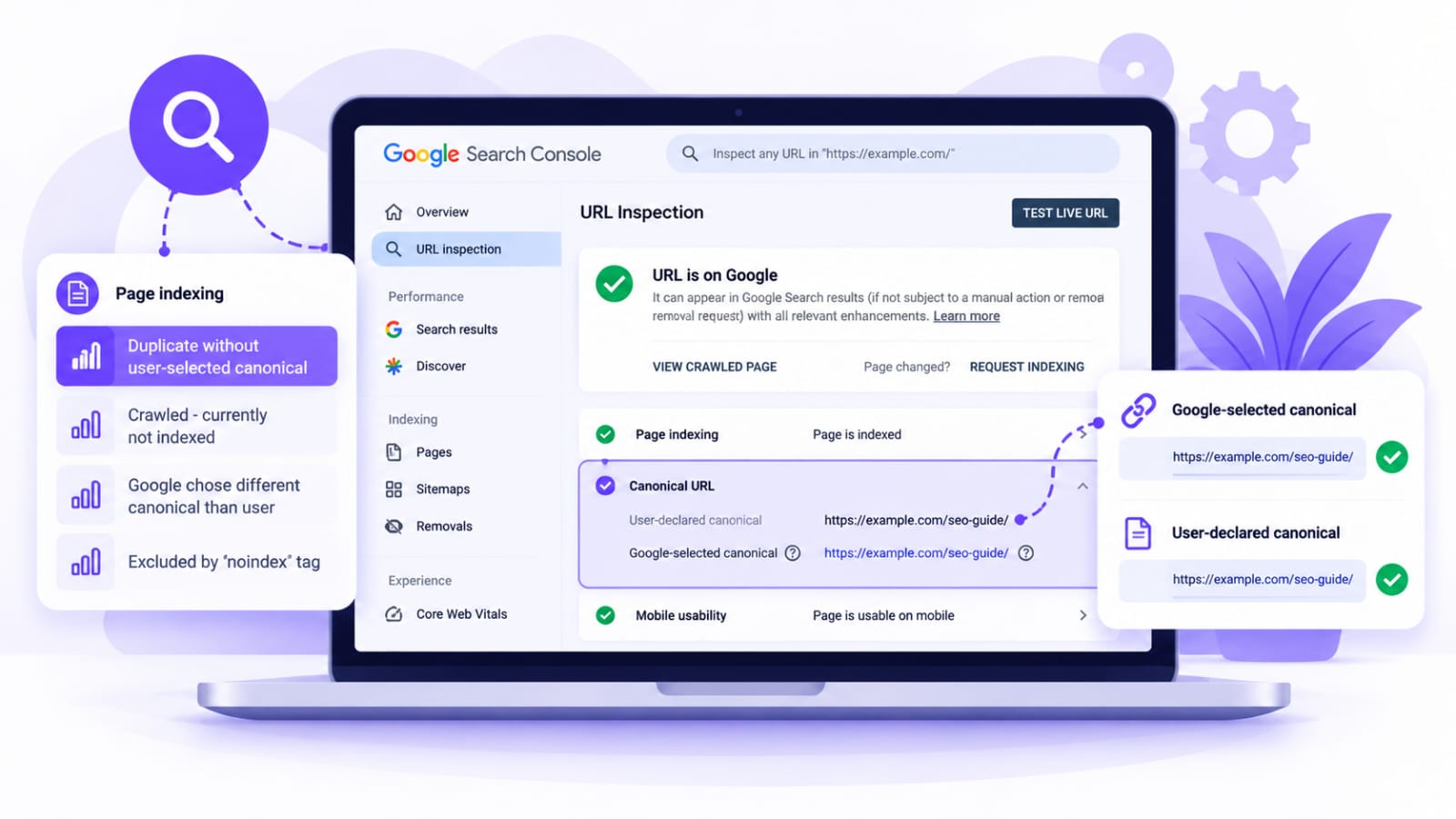 Illustration of Google Search Console URL Inspection showing page indexing status and user-declared and Google-selected canonical URLs.
