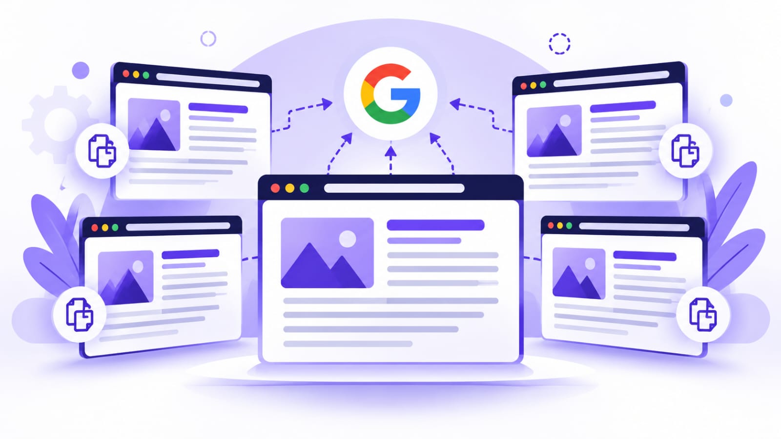 Illustration of duplicate website pages with similar content connected to Google Search.